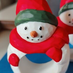 Vintage Dept 56 Snowman Napkin Ring Set - Red and Green